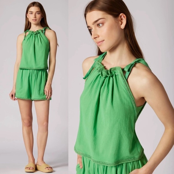 NWT JOIE Crochet Trim Ruched Ruffled Halter Neck Tie Strap Babydoll Tank Top S - Picture 1 of 7
